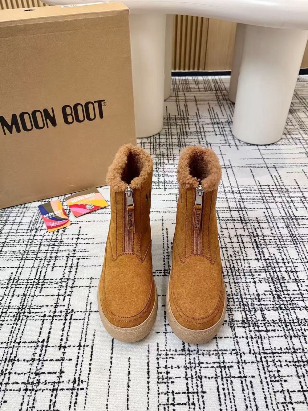 Moon Boot Women's Tan Suede Zip-Front Shearling Ankle Boots